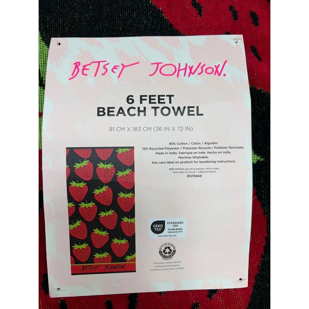 Betsey Johnson Strawberry Beach Towel Black Red 36x72 Oversized Cotton Blend NWT